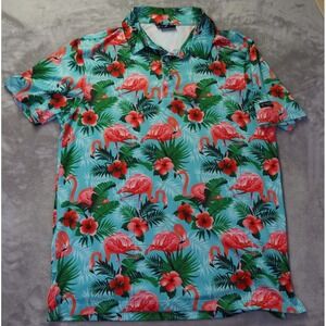Yatta Golf Polo Shirt Men's Size M Flamingo Hawaiian Tropical All Over Print